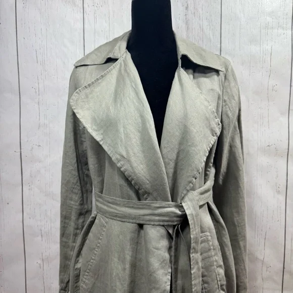 Cynthia Rowley 100% Linen Trench Coat Green Belted Size S Minimalist Lightweight - Picture 3 of 14